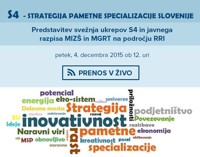 Prenos v živo - Predstavitev svežnja ukrepov S4 in javnega razpisa MIZŠ in MGRT na področju RRI Prenos v živo - Predstavitev svežnja ukrepov S4 in javnega razpisa MIZŠ in MGRT na področju RRI